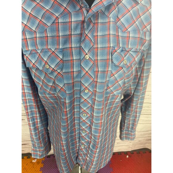 Men's Blue Red‎ Plaid Wrangler Shirt White Pearl Snap Closure Long Sleeve Cowboy - Picture 5 of 7